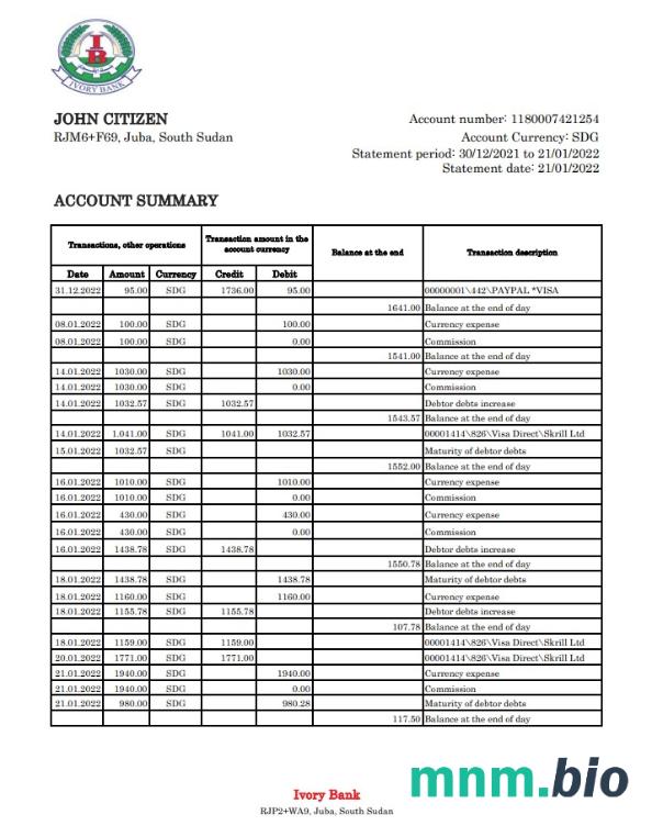 South Sudan Eden commercial wzór wyciągu bankowego w formacie Word i PDF